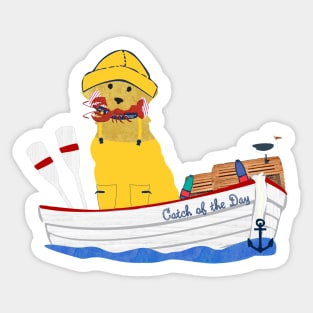 Preppy Golden Retriever Lobsterman Aboard The Catch of the Day Sticker